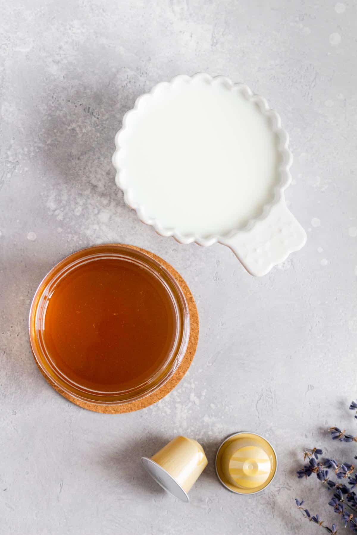 Ingredients needed to make honey lavender latte.