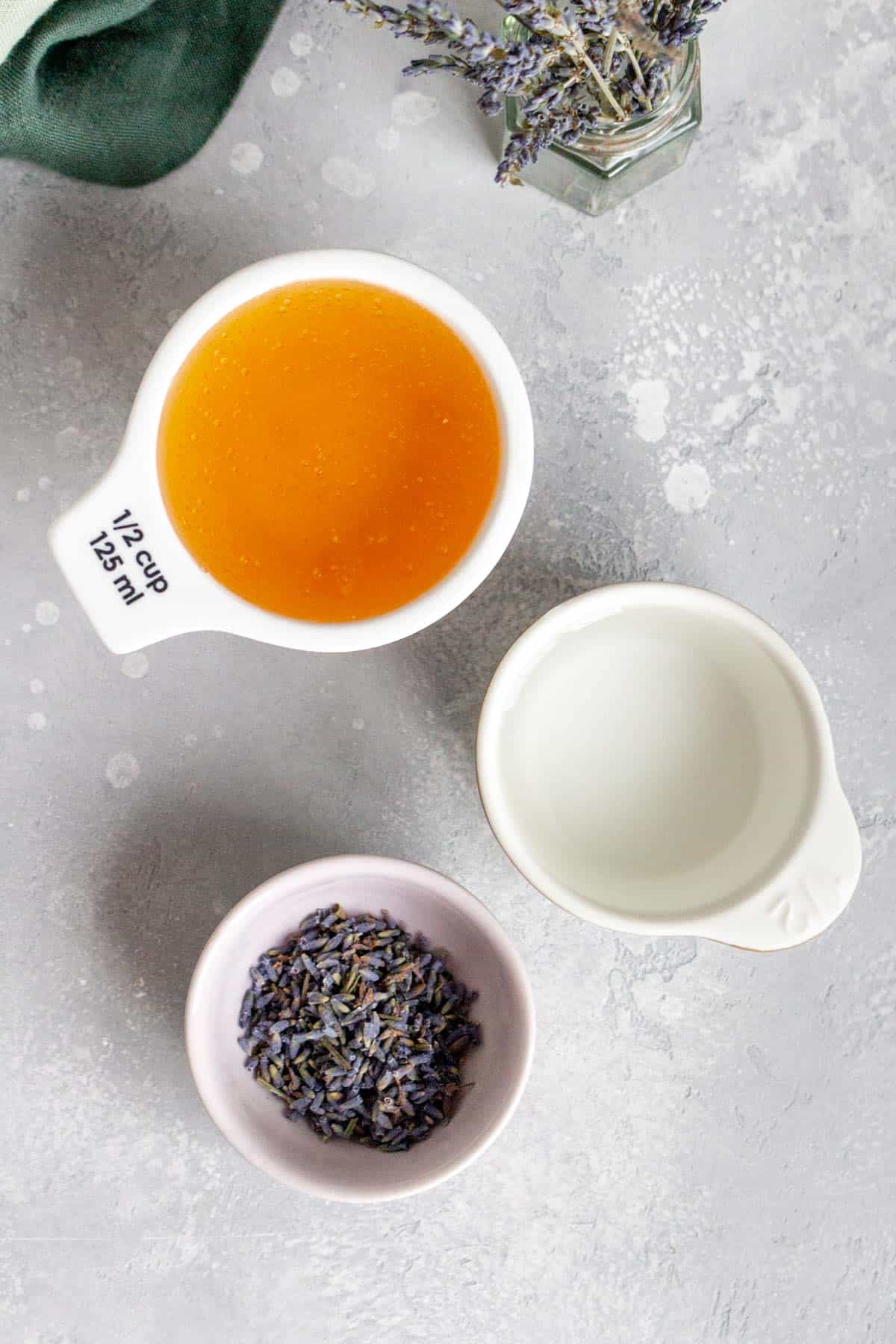 Ingredients needed to make honey lavender syrup.
