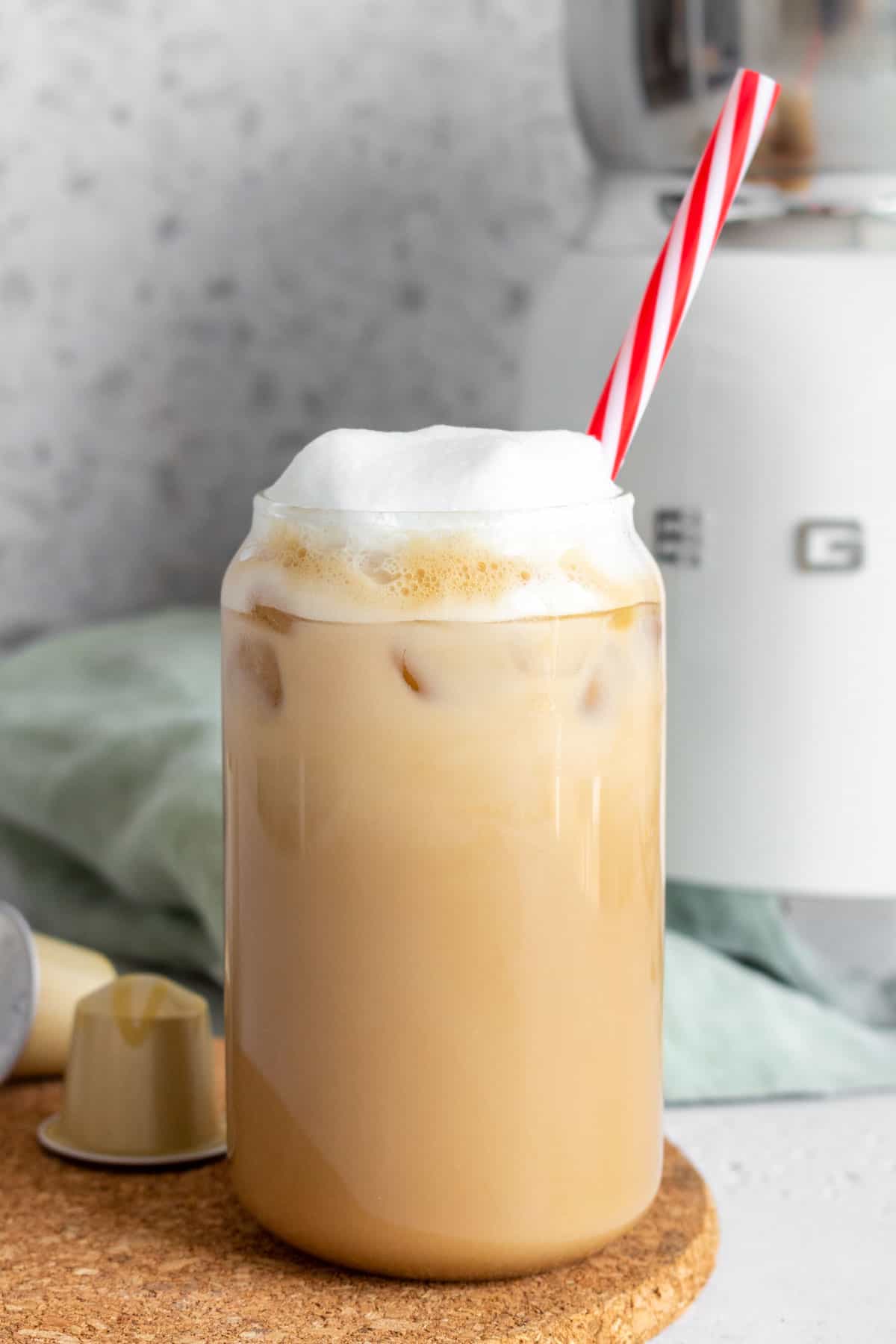 A glass of iced vanilla latte. 
