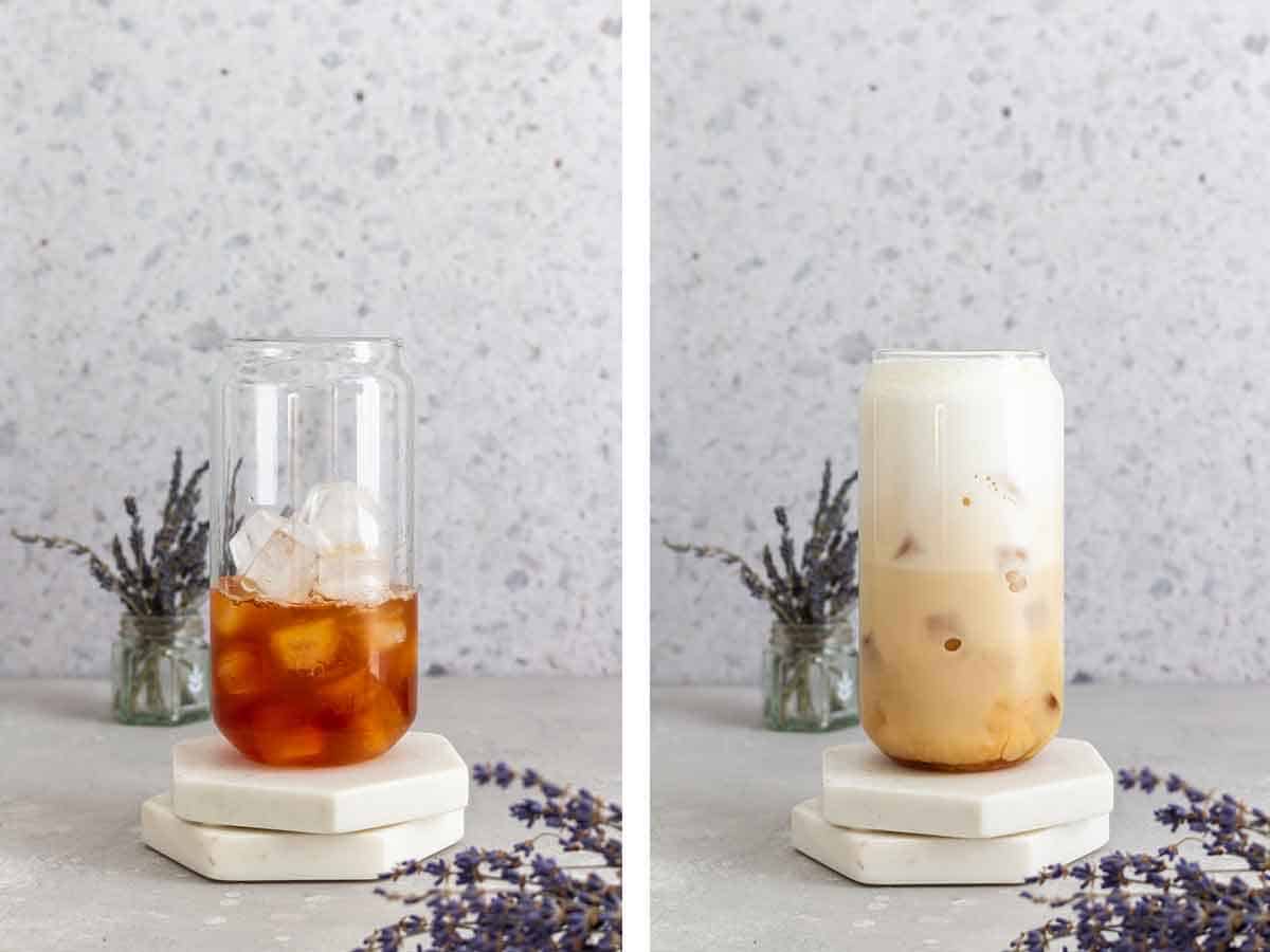 Set of two photos showing earl grey tea poured into a glass of ice then topped with milk.