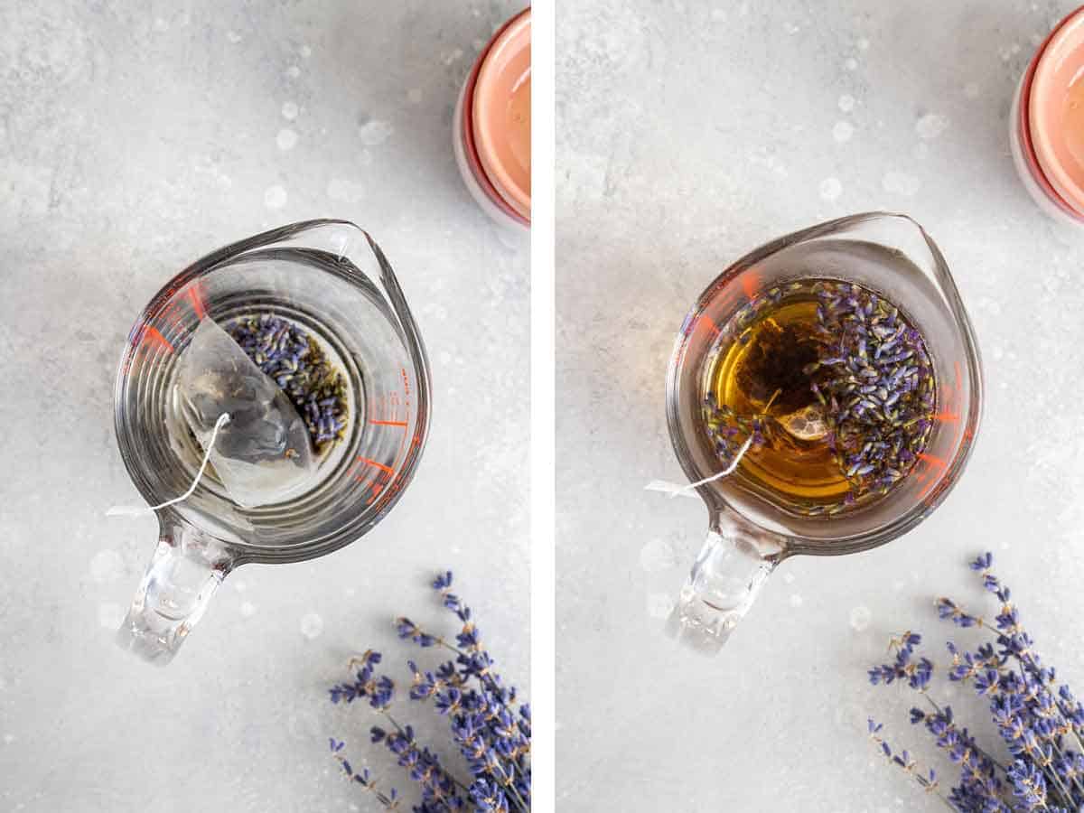 Overhead view of earl grey tea steeped over lavender buds.