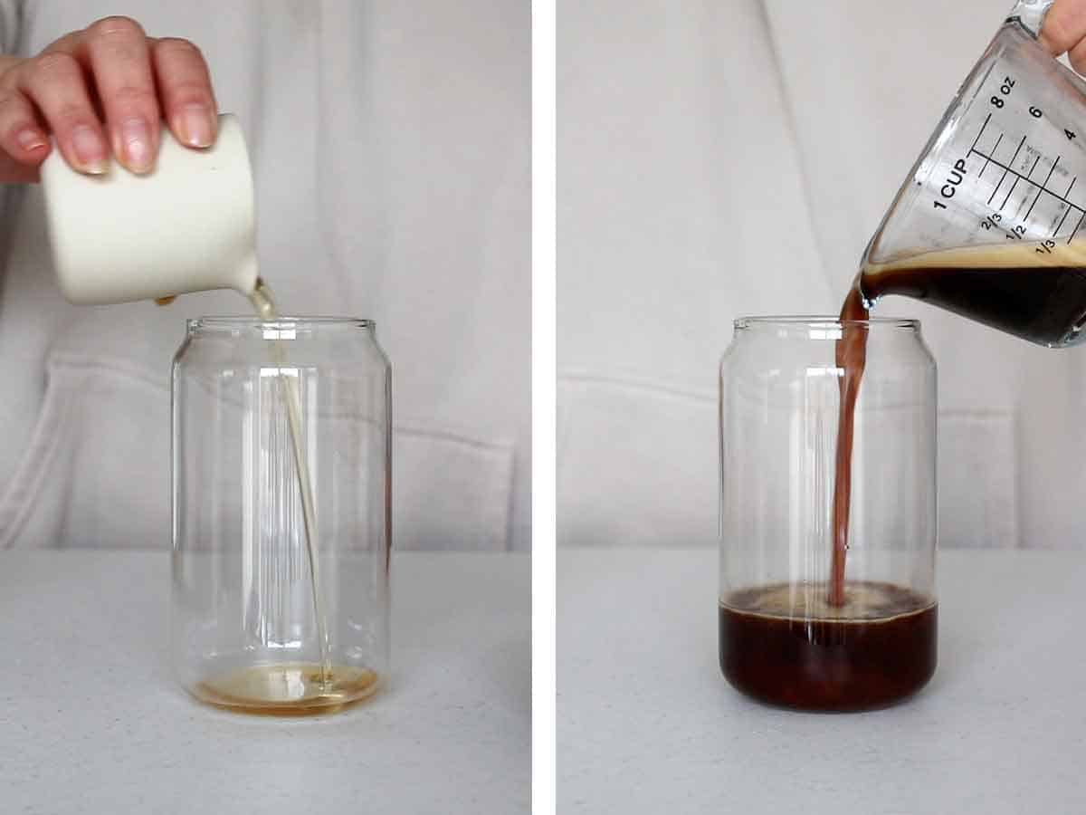 Set of two photos showing syrup and espresso added to a glass.