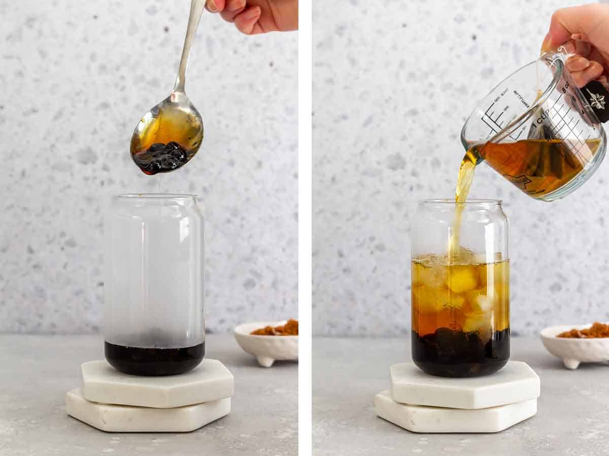 Set of two photos showing syrup and boba added to a glass then tea poured into the glass with ice.