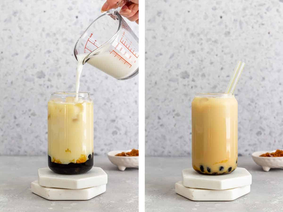Set of two photos showing milk poured into a glass and a straw added.