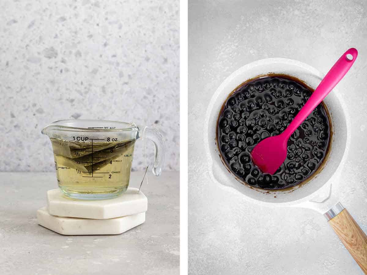 Set of two photos showing tea being steeped and tapioca cooked in syrup.