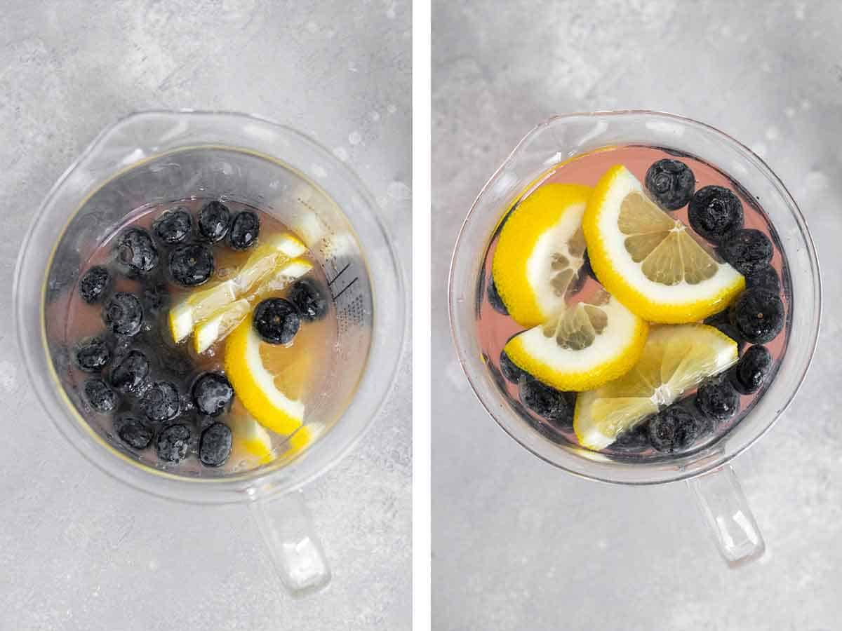 Overhead view of before and after water added to the pitcher of blueberry lavender lemonade.