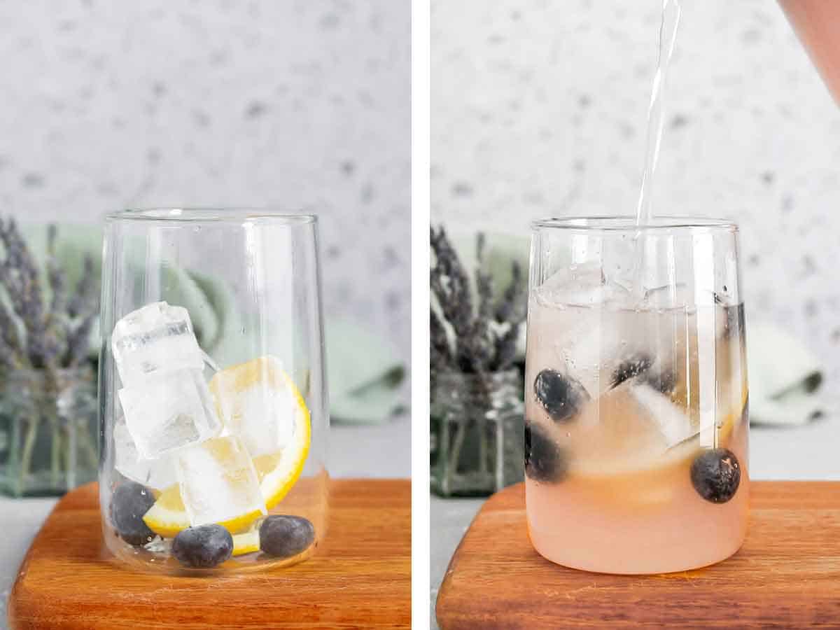 Set of two photos showing blueberry lavender lemonade poured into a prepared glass.