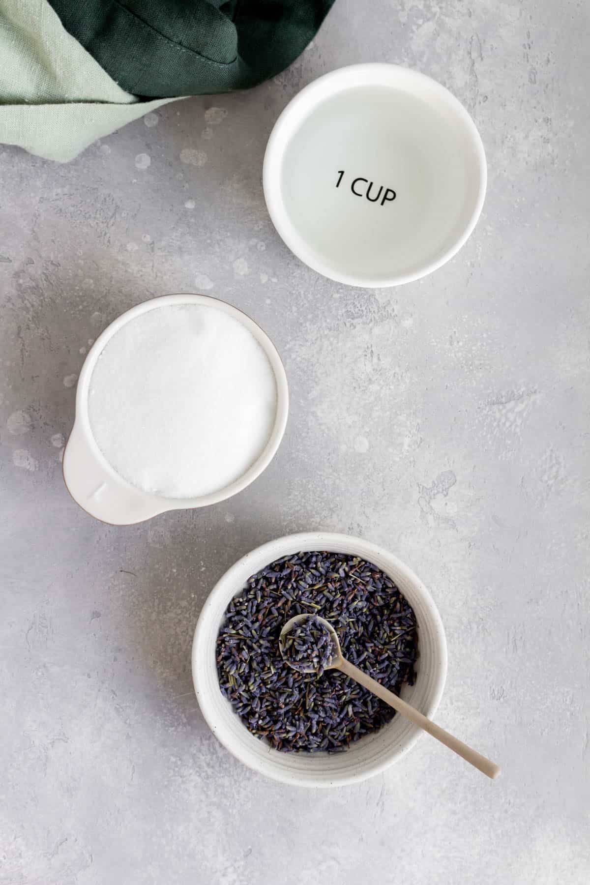 Ingredients needed to make lavender simple syrup.