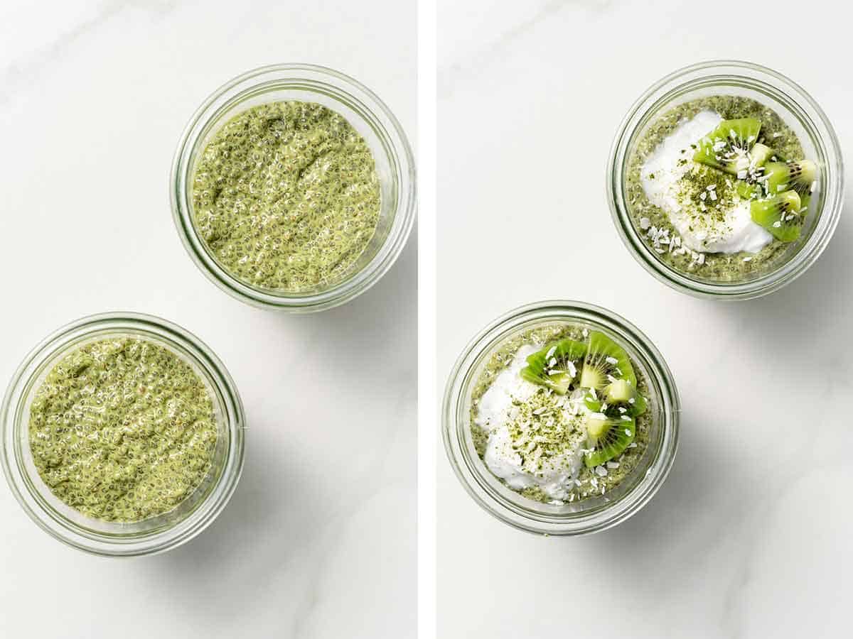 Set of two photos showing before and after matcha chia pudding topped.