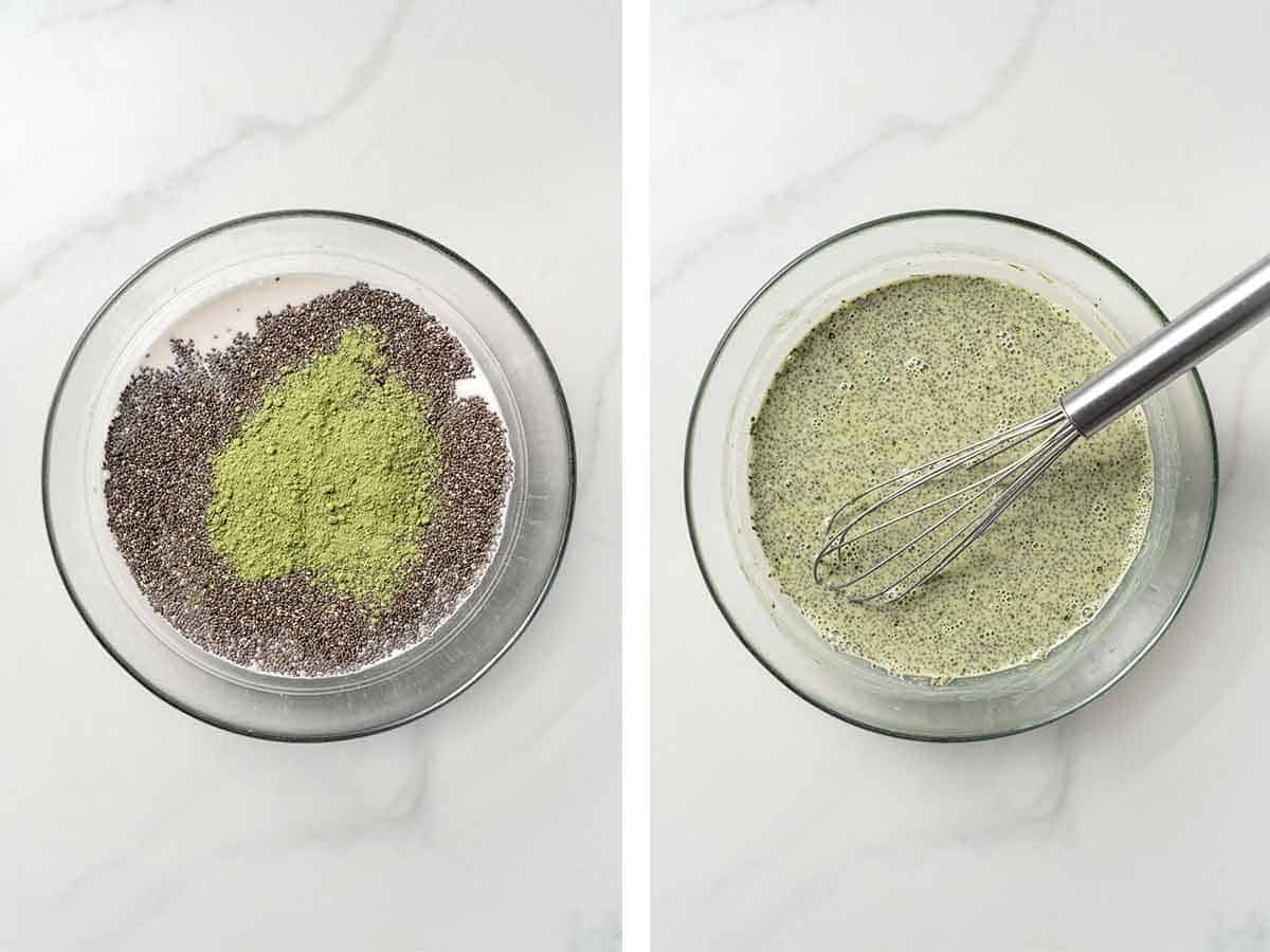 Set of two photos showing milk, chia seeds, and matcha added to a bowl and whisked.