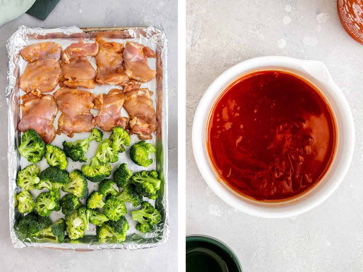 Set of two photos showing a sheet pan half filled with chicken thighs and half filled with broccoli, second photo is a bowl of sriracha glaze.