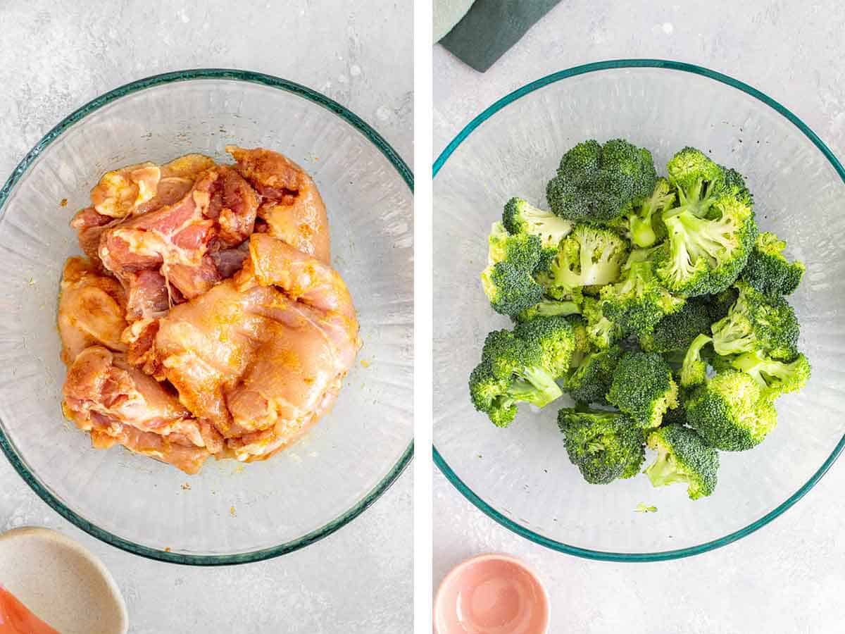 Set of two photos showing chicken thighs seasoned in a bowl and broccoli seasoned in the other.