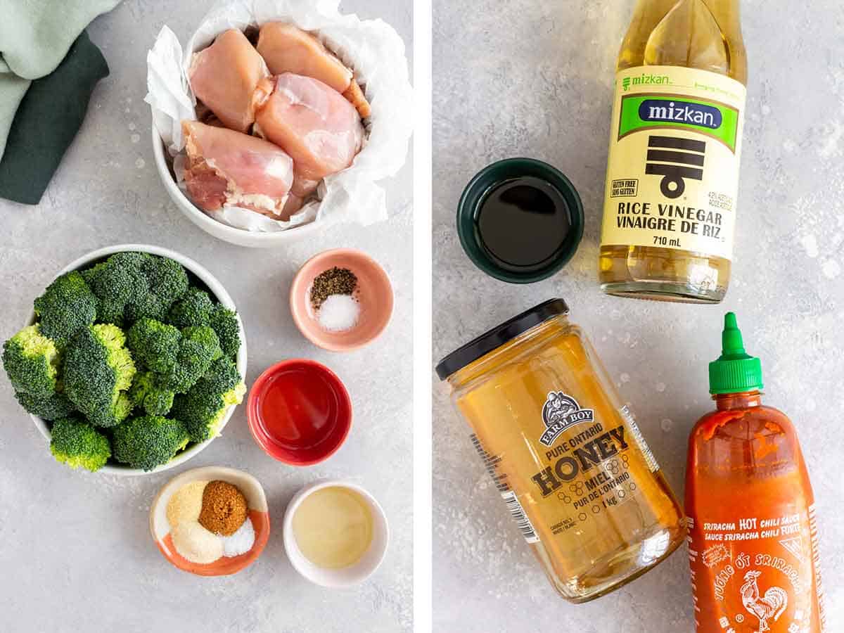 Ingredients needed to make sheet pan chicken thighs and broccoli with honey sriracha glaze.
