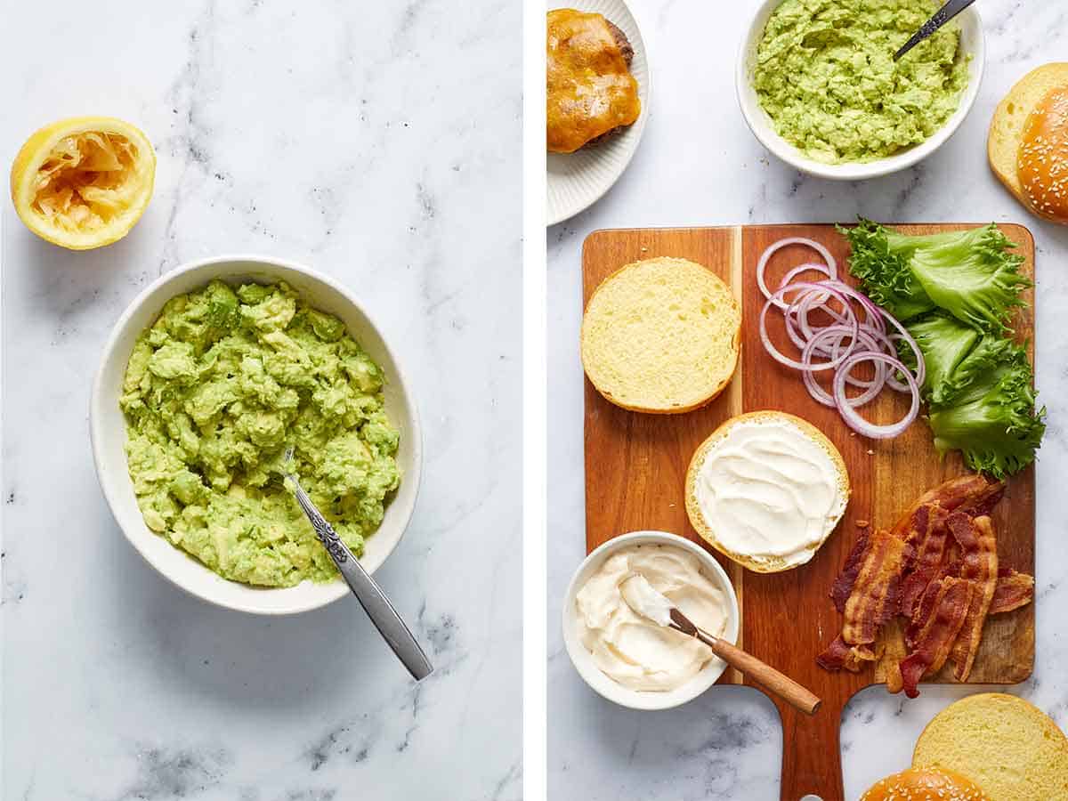 Set of two photos showing avocados mashed in a bowl and mayo spread onto burger bun.