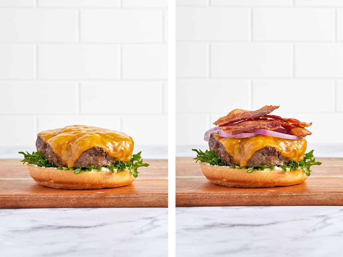 Set of two photos showing patty, onion, and bacon added to a burger.