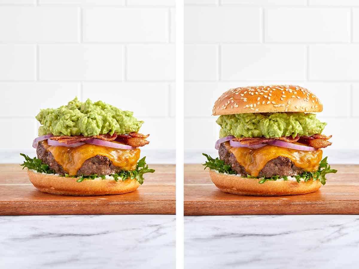 Set of two photos showing mashed avocado and top bun added to a burger.