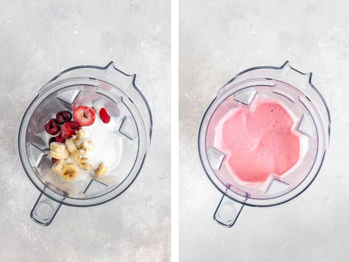 Set of two photos showing before and after blending a smoothie together.
