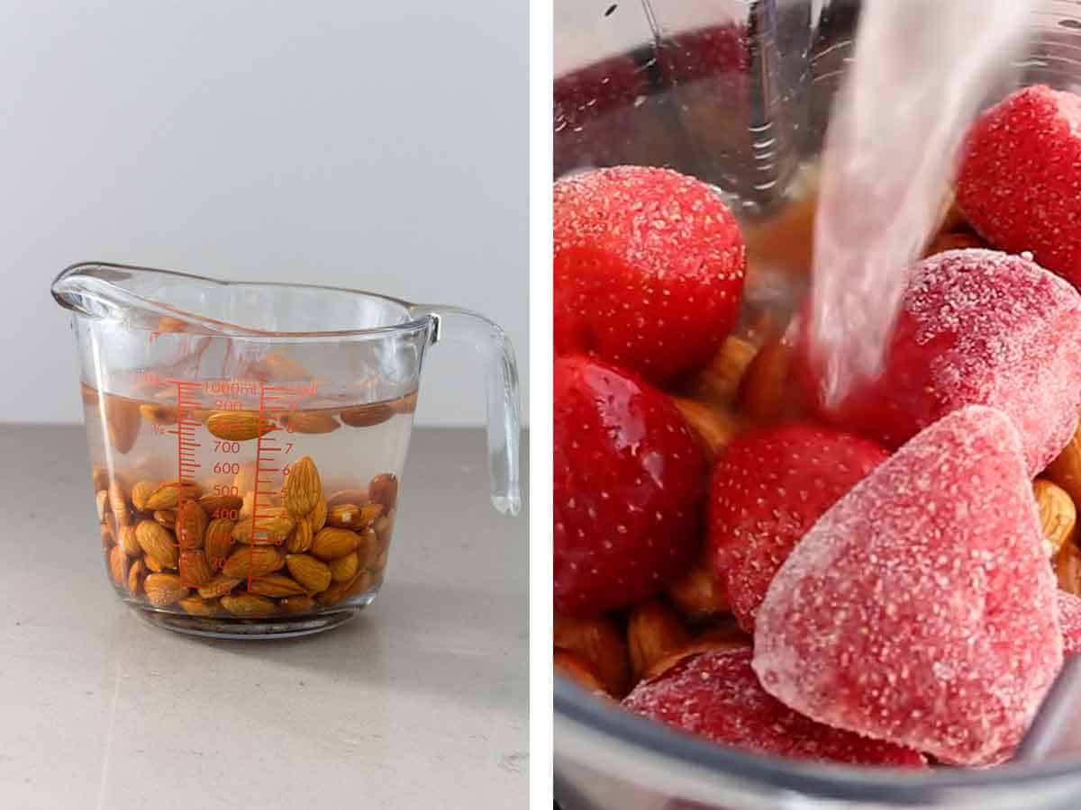 Set of two photos showing almonds soaking and ingredients added to a blender.