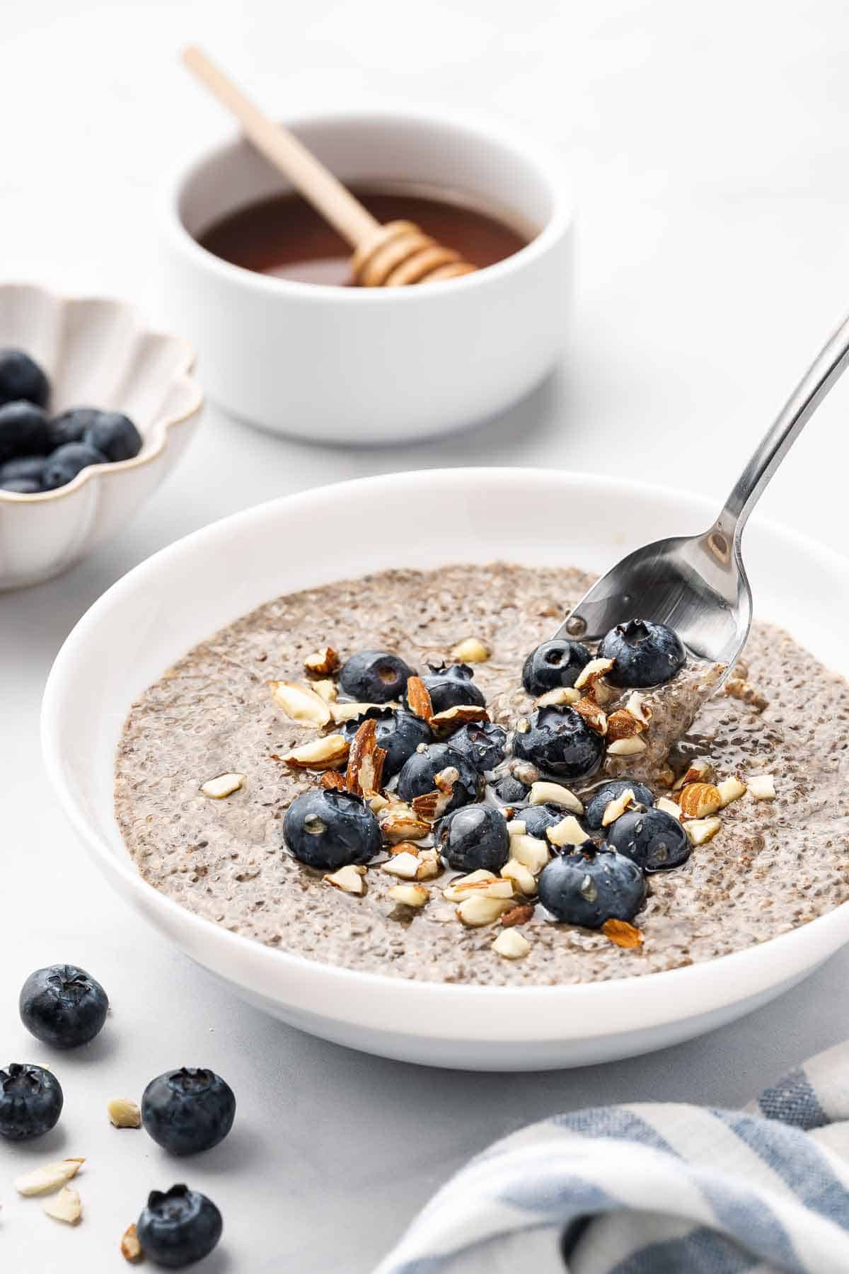 A bowl of warm chia pudding with a spoonful being lifted out.