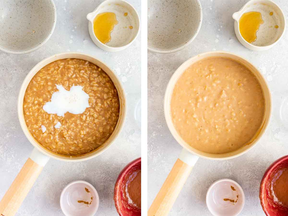 Set of two photos showing milk added to a pot of applesauce.