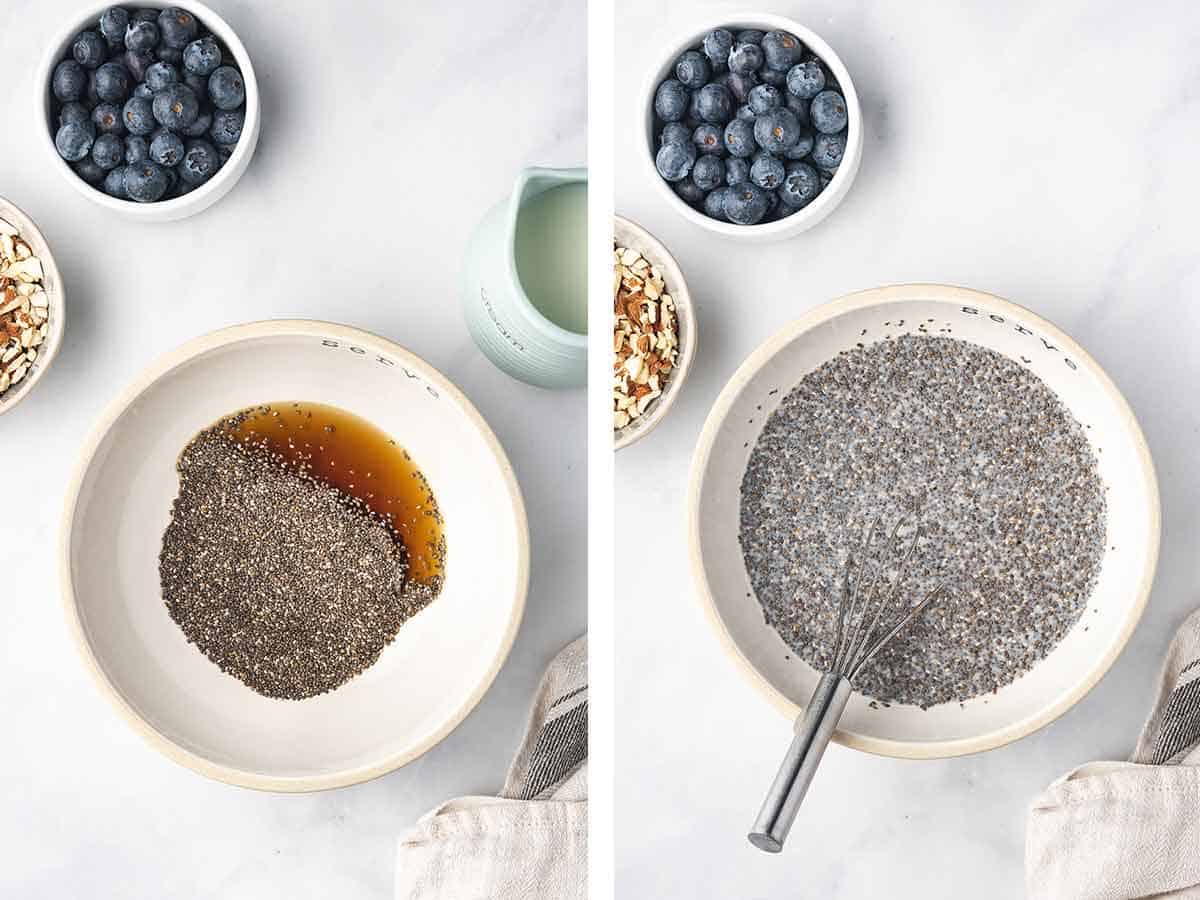Set of two photos showing chia seeds, maple syrup, and milk whisked together.