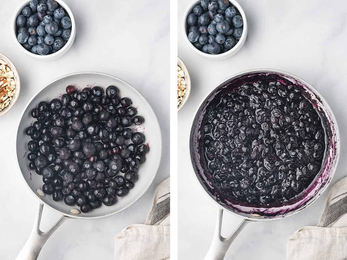 Set of two photos showing blueberries cooked in a skillet.