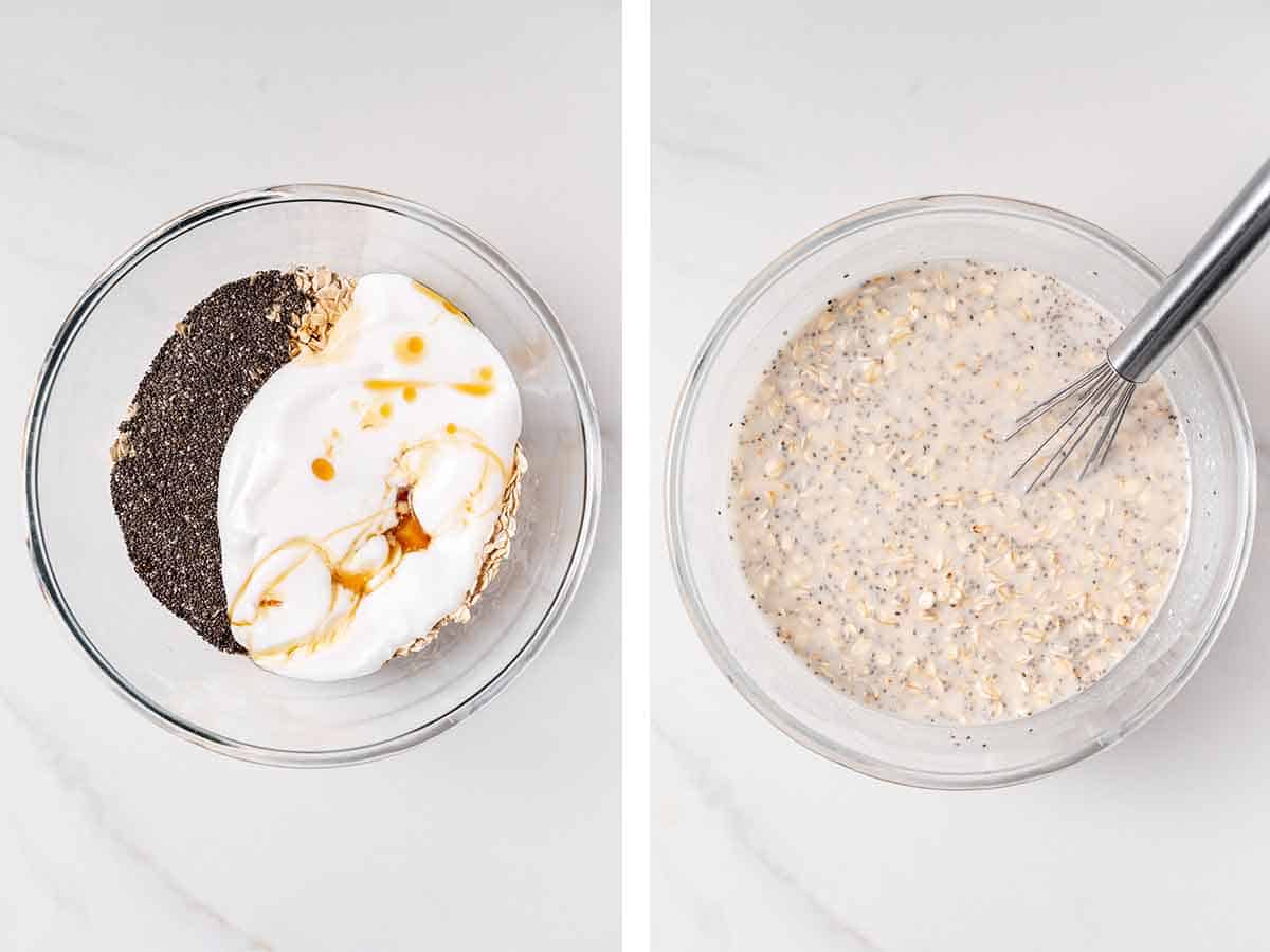 Set of two photos showing overnight oats ingredients mixed together in a bowl.