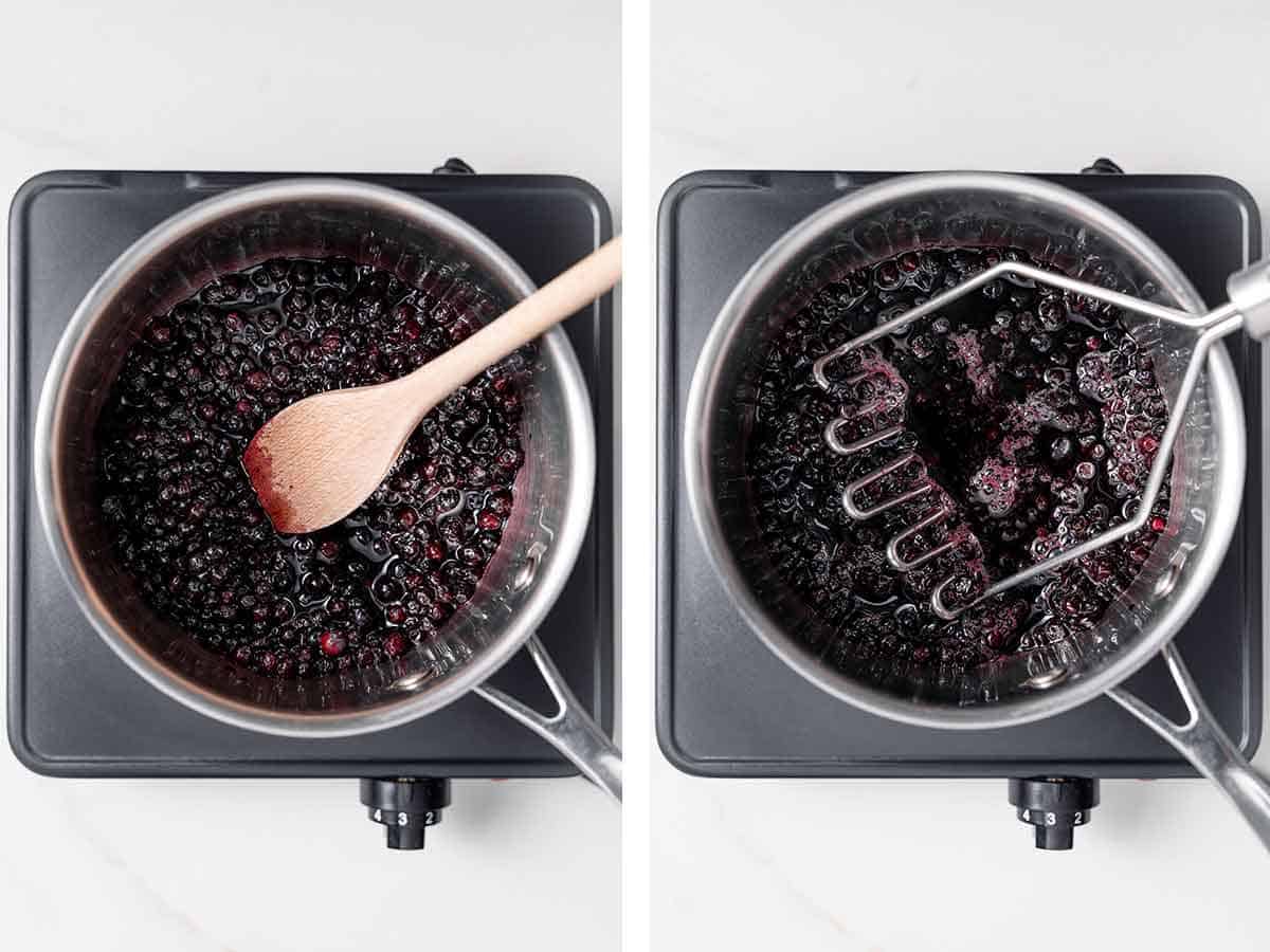 Set of two photos showing blueberries cooked and mashed.