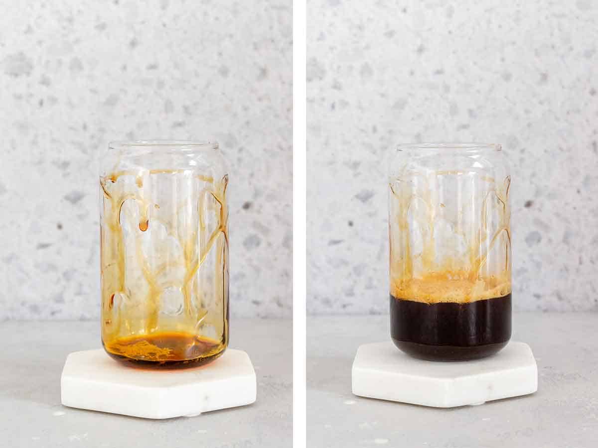 Set of two photos showing brown sugar syrup drizzled in a glass and espresso added.