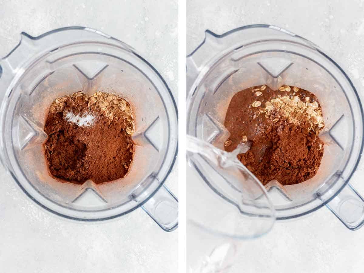 Zestaw dwóch zdjęć przedstawiających składniki czekoladowego mleka owsianego dodawane do blendera.