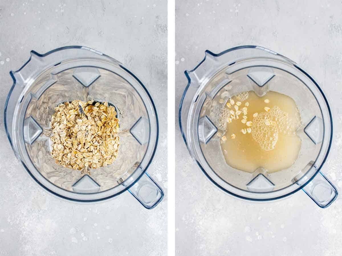 Set of two photos showing all ingredients added to a blender.