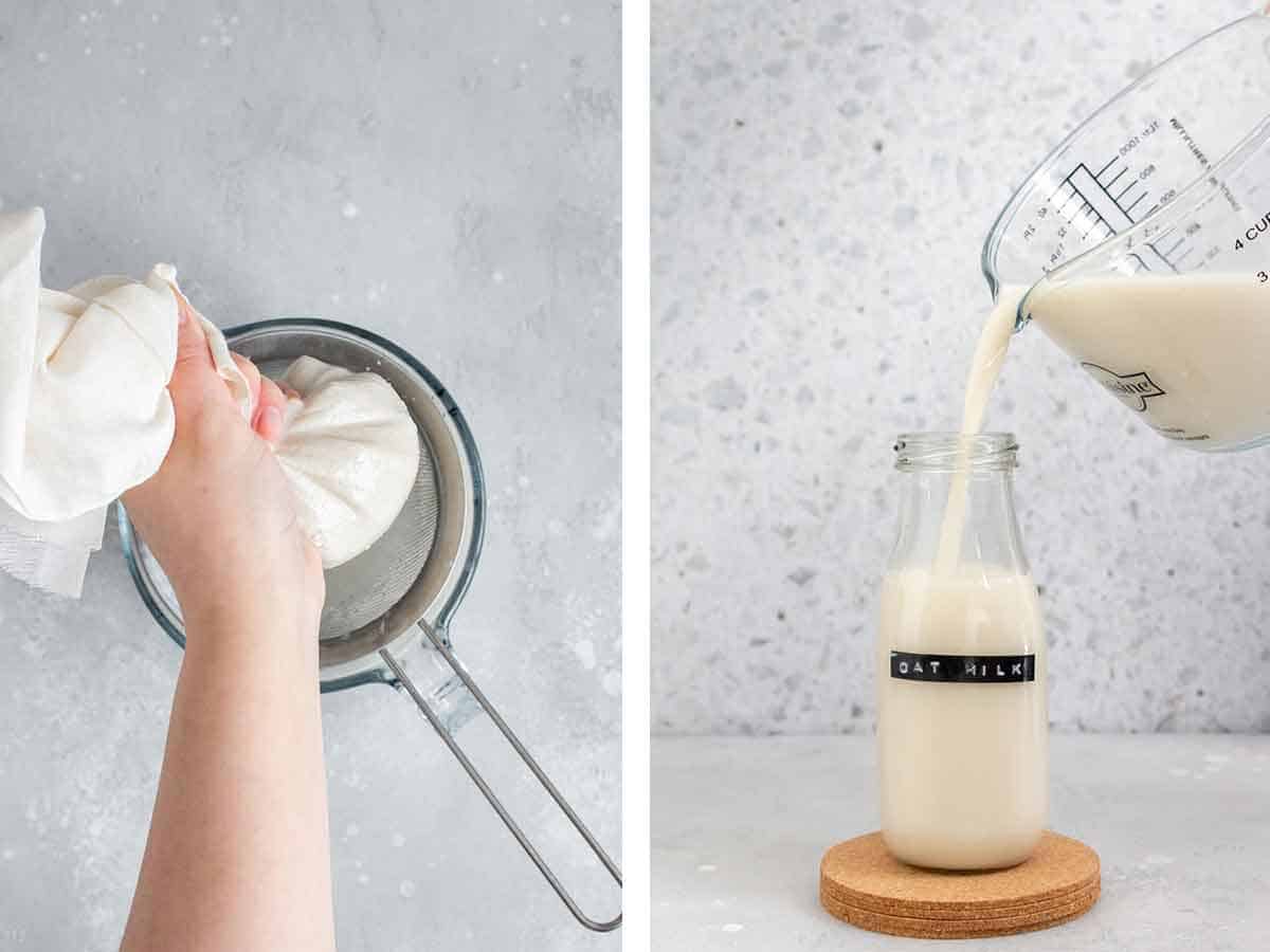 Set of two photos showing oat milk squeezed from a cheese cloth and poured into a glass.