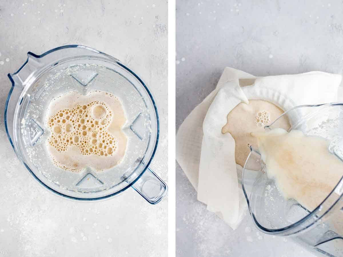 Set of two photos showing oat milk blended and poured to be strained.