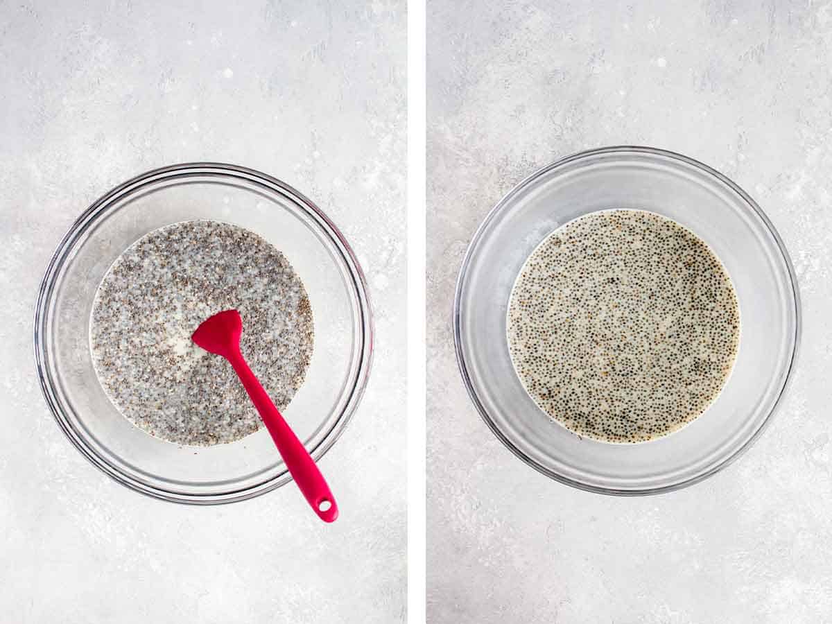 Set of two photos showing before and after the mixture as set in the fridge.