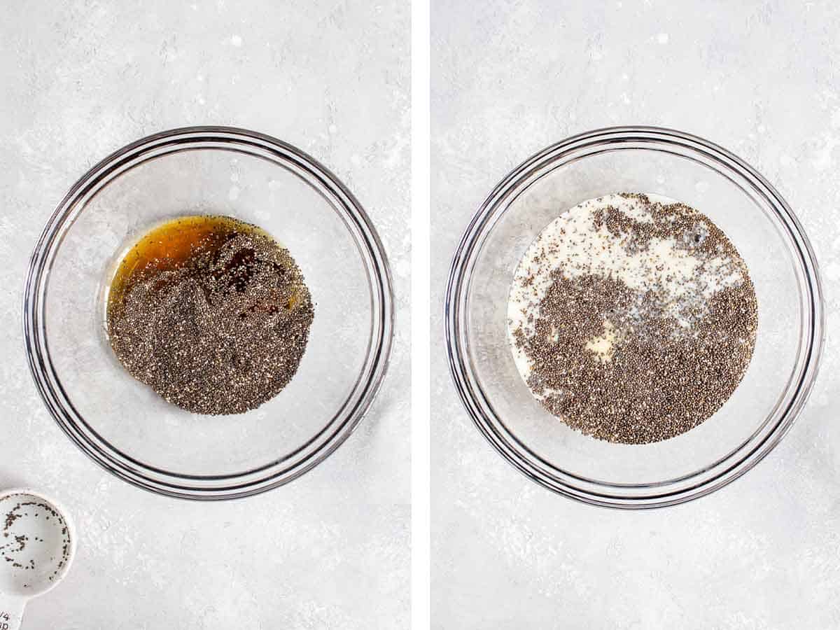 Set of two photos showing chia seeds and maple syrup combined with milk.