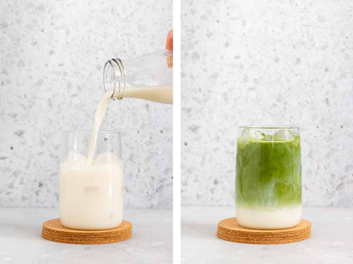 Set of two photos showing oat milk poured into a glass and matcha added on top.