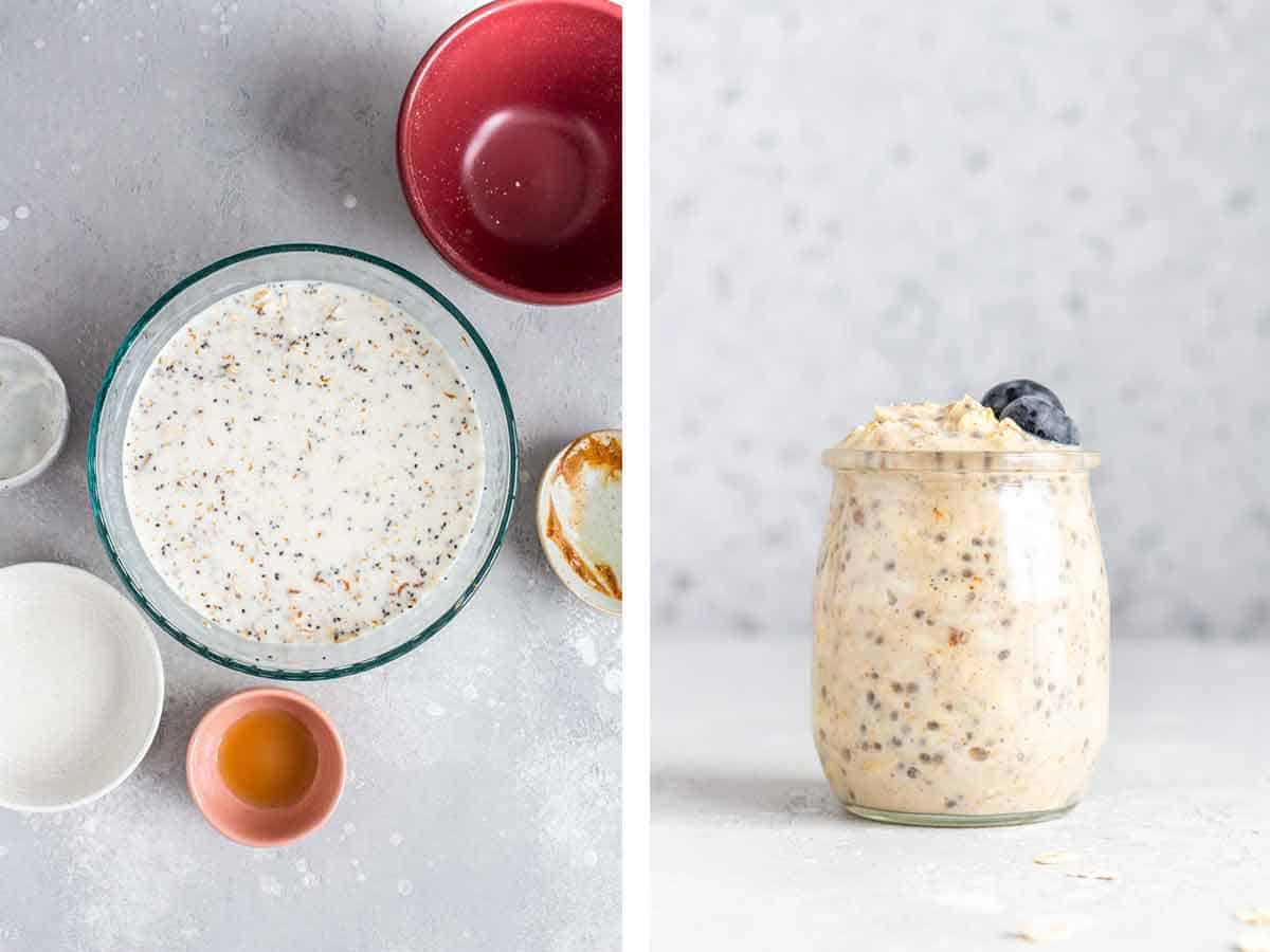 Set of two photos showing overnight oats with almond milk mixed together in a bowl and a jar of it with blueberries on top.