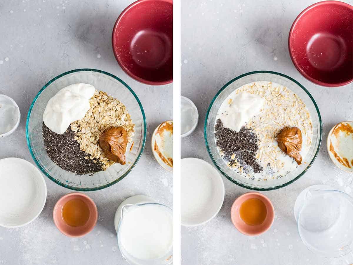 Set of two photos showing rolled oats, chia seed, yogurt, almond butter, and almond milk added to a bowl.