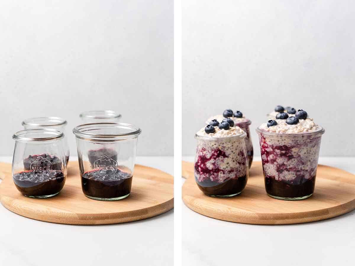 Set of two photos showing cooked blueberries and overnight oats added to four jars.