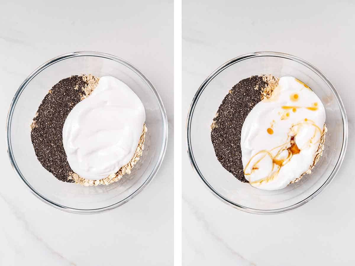 Set of two photos showing rolled oats, chia seeds, yogurt, and maple syrup added to a bowl.