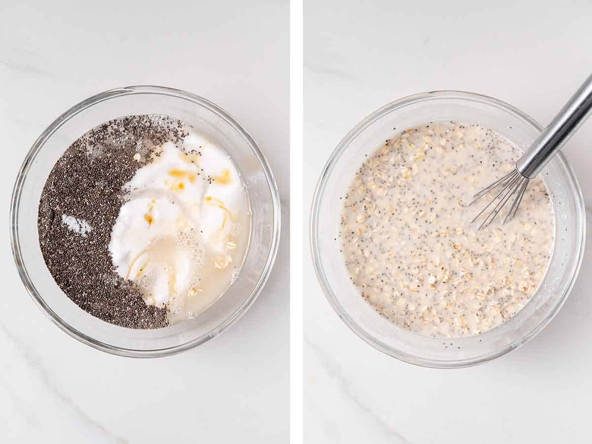 Set of two photos showing overnight oats with water mixed together in a bowl.