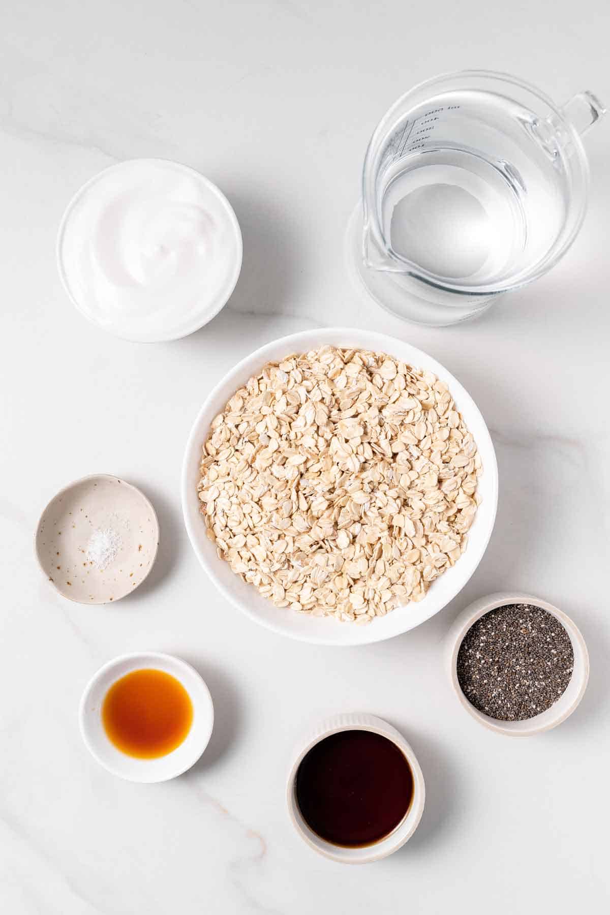 Ingredients needed to make overnight oats with water.