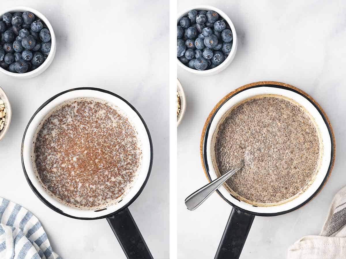Set of two photos showing chia pudding in a pot thickening.