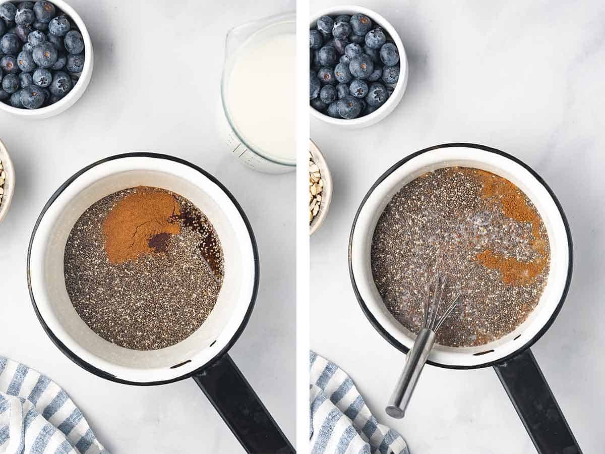 Set of two photos showing chia pudding ingredients whisked together in a pot.