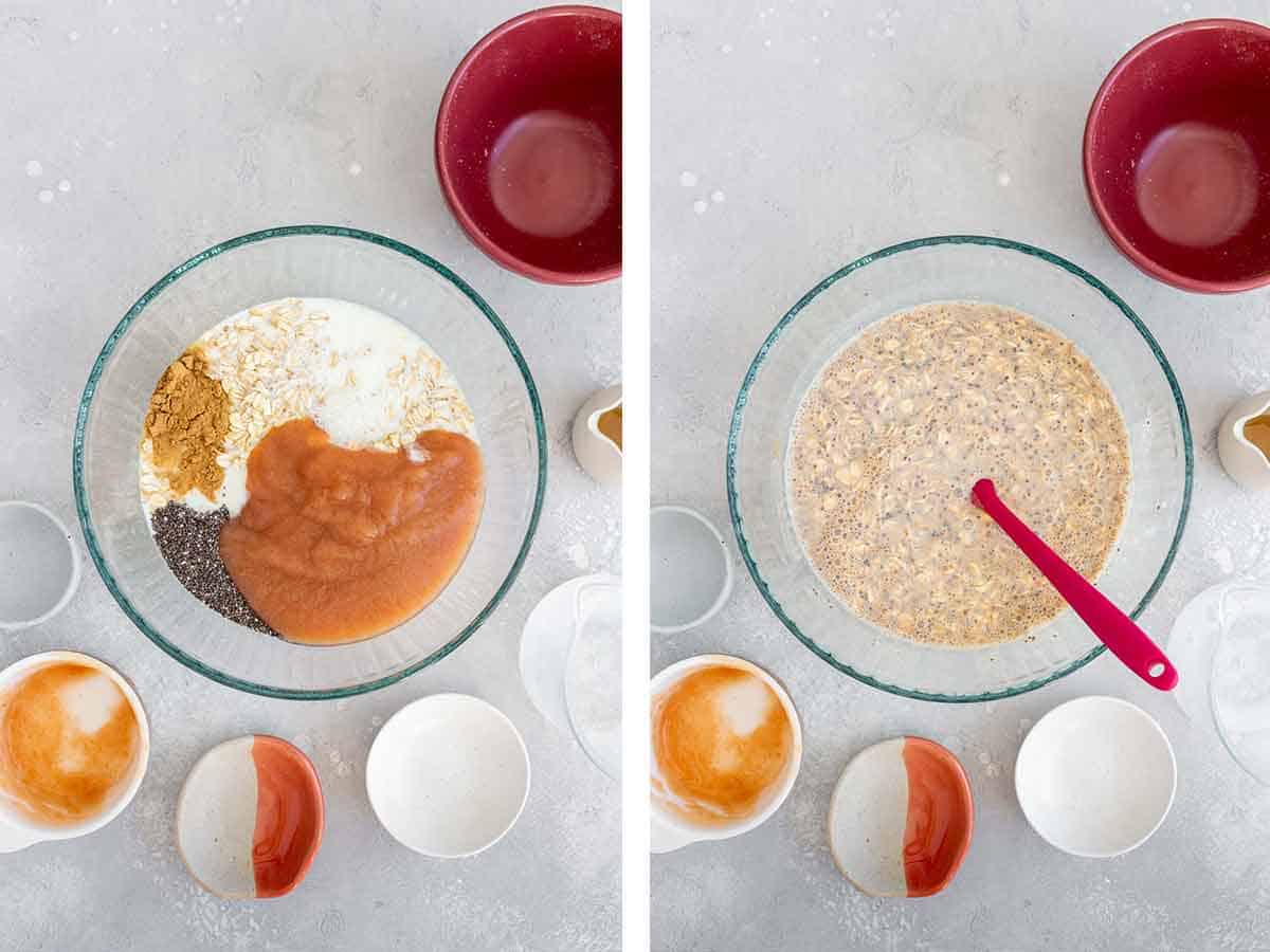 Set of two photos showing ingredients in a bowl mixed together.