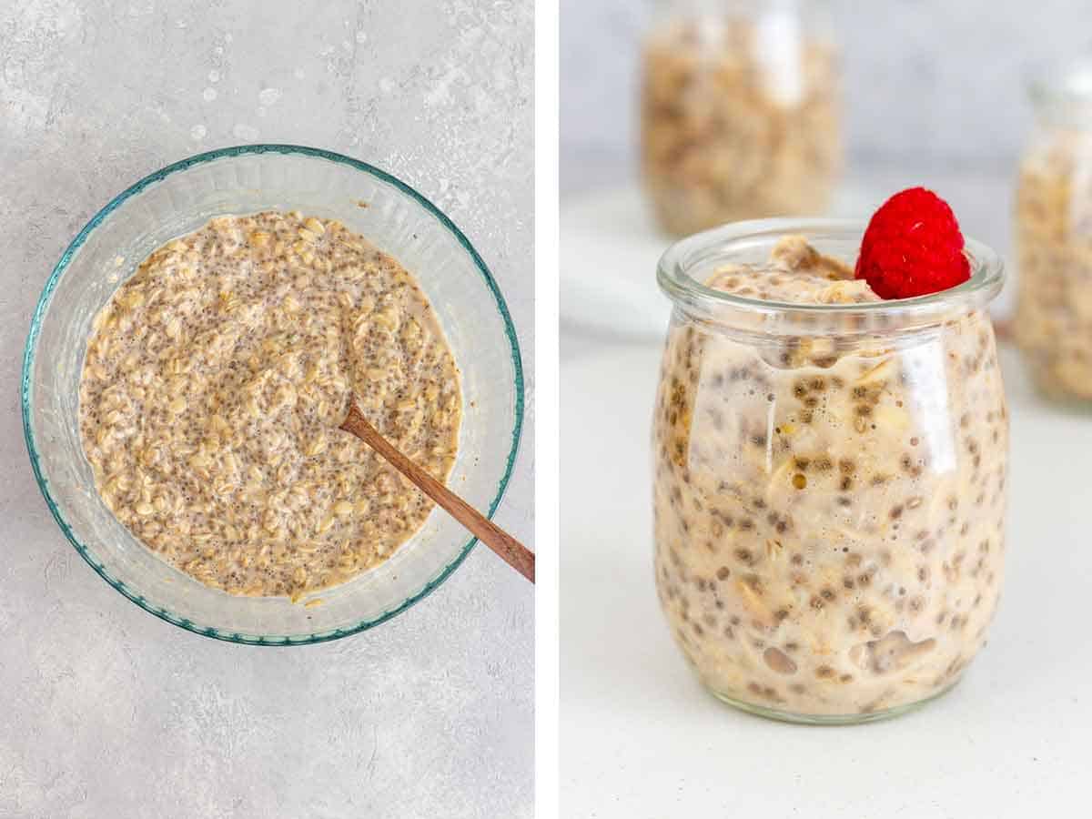 Set of two photos showing applesauce overnight oats set and in a container.