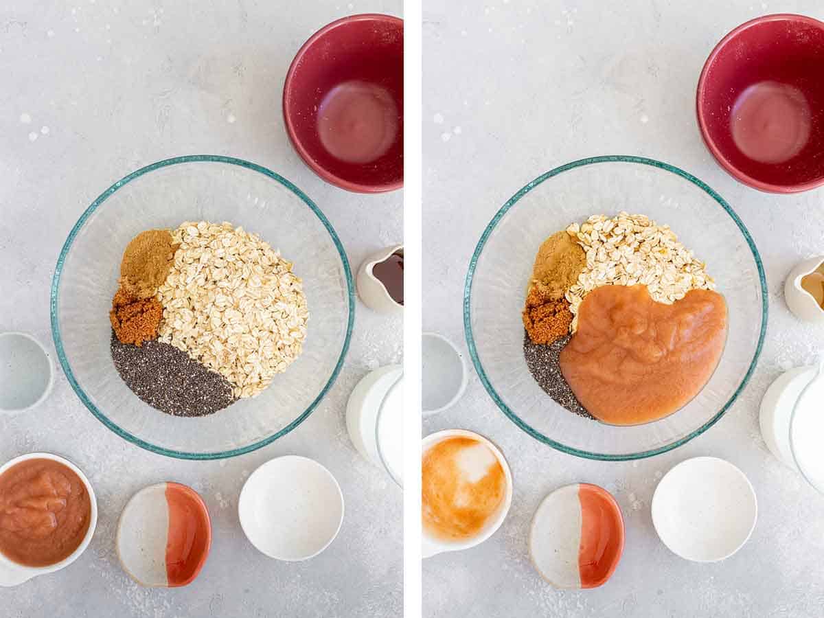 Set of two photos showing rolled oats, chia seeds, brown sugar, cinnamon, and applesauce added to a bowl.