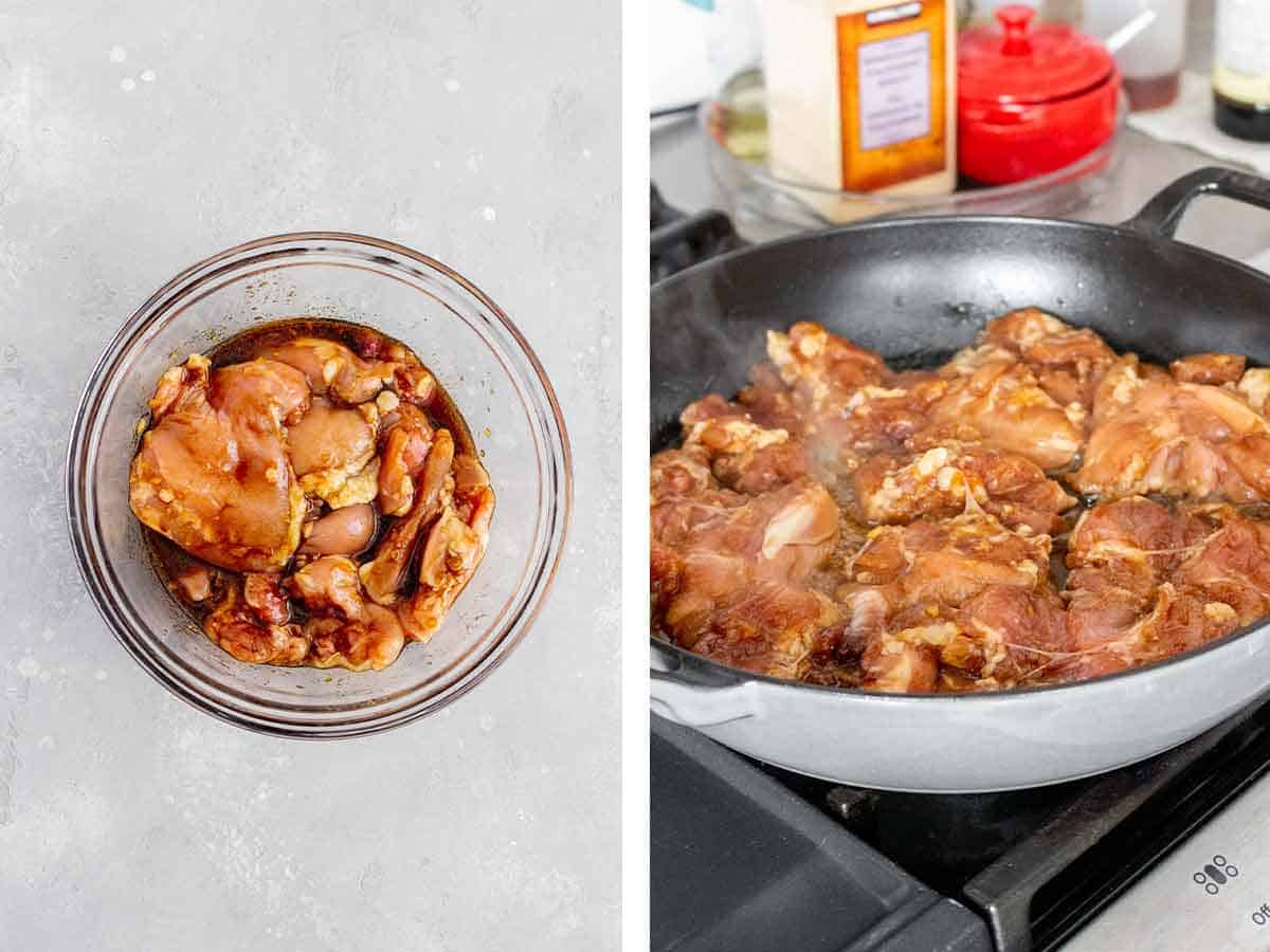 Set of two photos showing marinated chicken in a bowl and then added to a cast iron skillet.