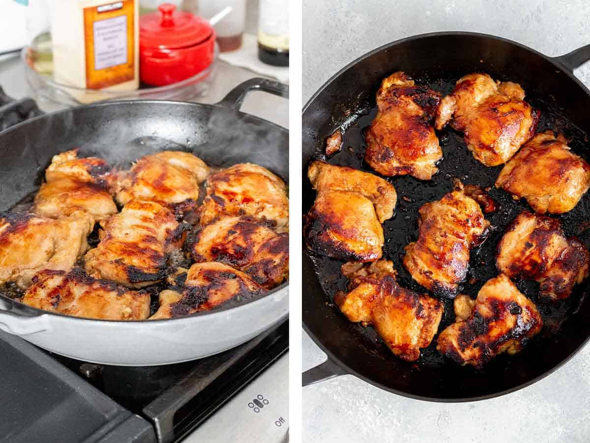 Set of two photos showing chicken seared in a pan.