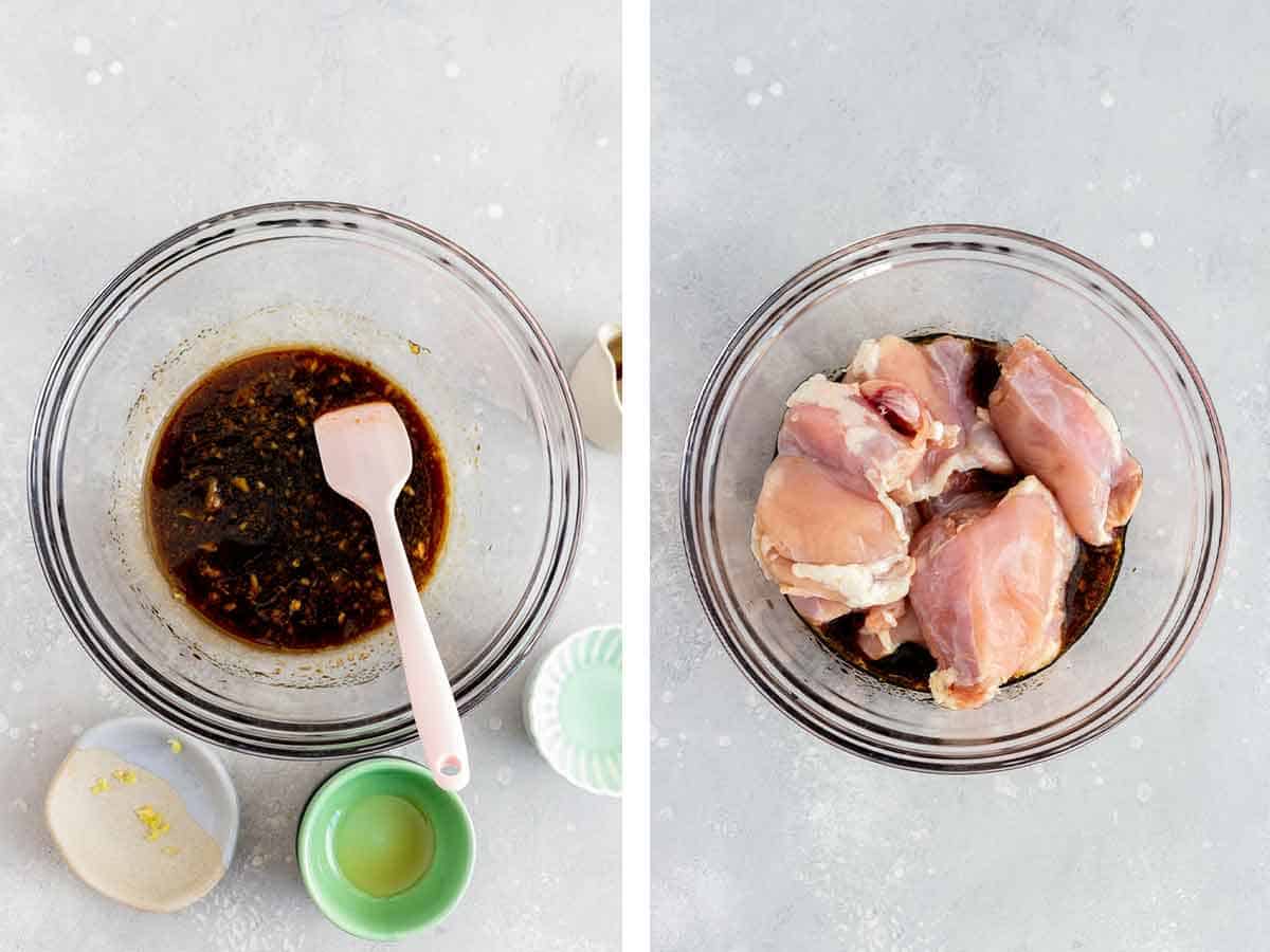 Set of two photos showing marinade mixed together in a bowl and chicken thighs added to it.